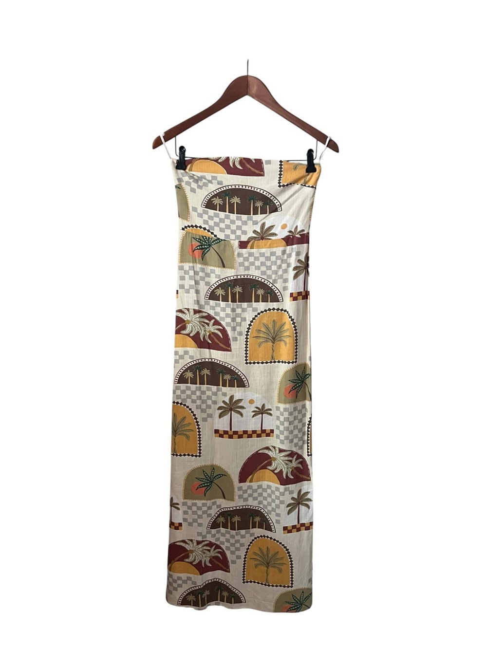 Strapless Palm-Arch Maxi Dress in Cream, Mustard & Brown
